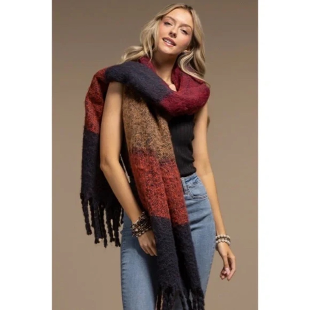 SOLD OUT Navy Multi Plush Wide Stripe Oblong Scarf Winter Women's Casual Knit - Picture 2 of 4